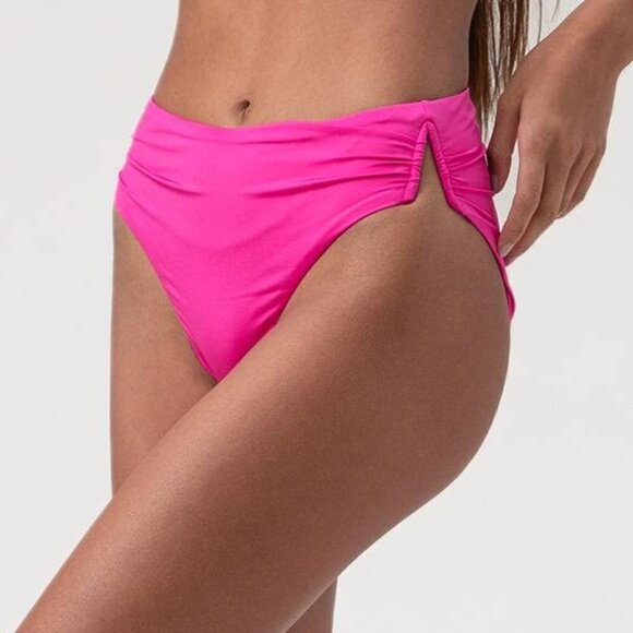 Trina Turk 'Monaco' V-Side Shirred High-Waist Bikini Bottom, Pink Pop - Picture 1 of 3